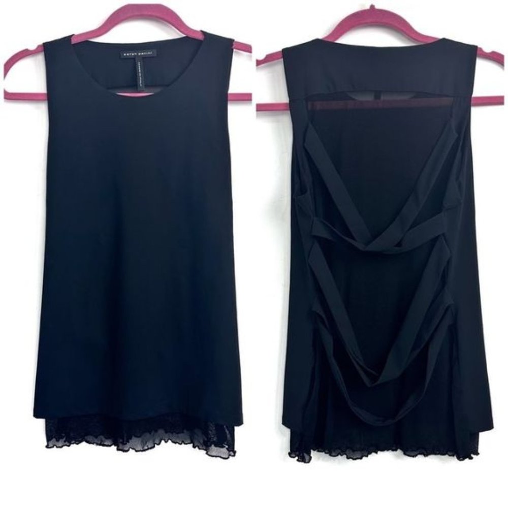 Sarah Pacini Black Criss Cross Mesh Back Top